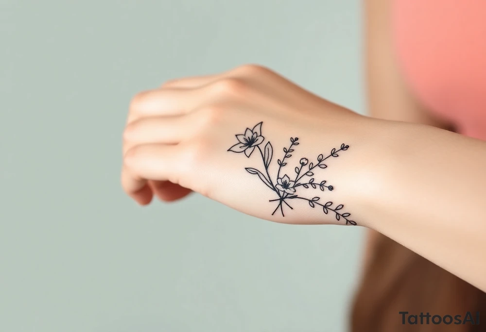 Bouquet of birth months flowers Lilly of the valley, daffodil, larkspur and Ilex aquifolium with berries tattoo idea