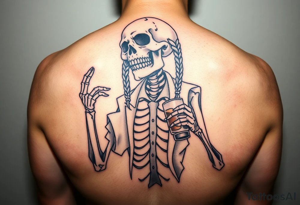 evil skeleton with braids in clothes getting drunk tattoo idea