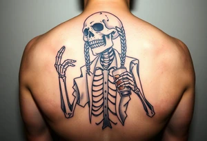 evil skeleton with braids in clothes getting drunk tattoo idea