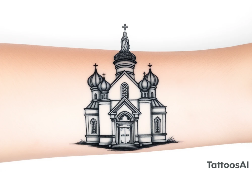 in a dorsal view a detailed medium sized country style orthodox church with onion domes and a band at the front with mist shrouding the top and fading into a virgin mary overlooking above at the top tattoo idea