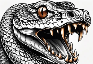 black and white drawing of a snake head with copper eyes an open mouth with mountain bike tire tread for body tattoo idea