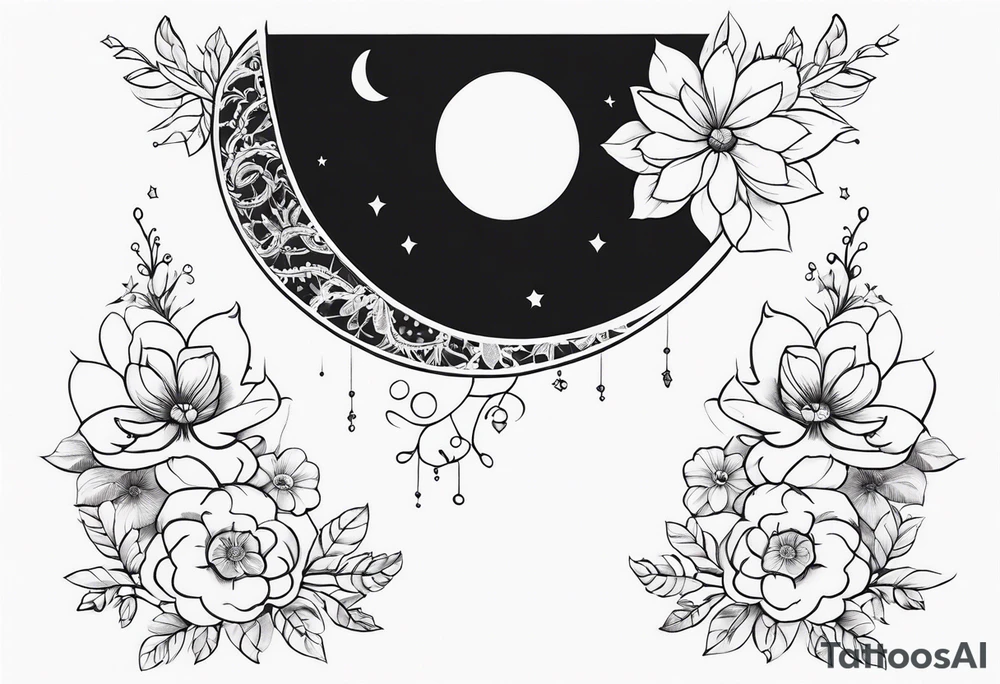 Feminine inspired upper sleeve tattoo with flowers, lace and moon tattoo idea