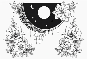 Feminine inspired upper sleeve tattoo with flowers, lace and moon tattoo idea