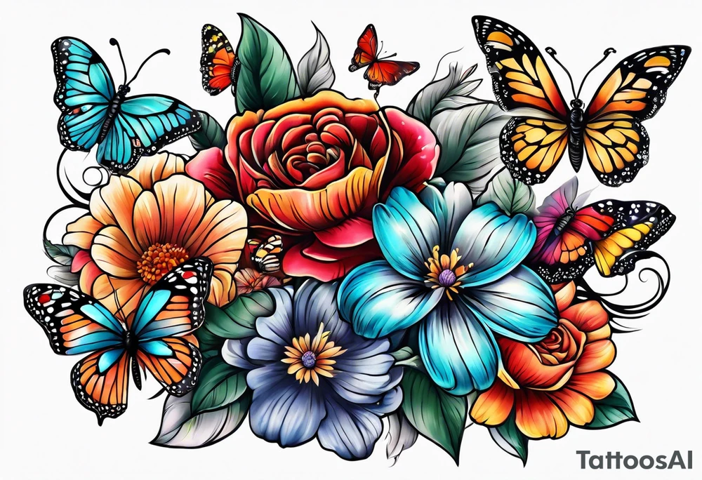Sleeve with butterflies and colorful flowers tattoo idea
