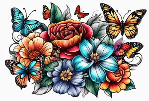 Sleeve with butterflies and colorful flowers tattoo idea