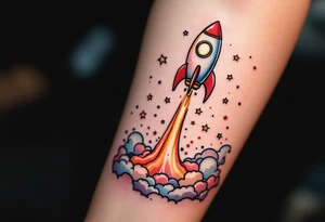 A playful rocket ship blasting off in vibrant reds and oranges, trailing stars that form the son’s initials in the sky. tattoo idea