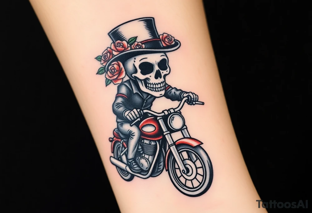 create an decorated "day of the dead skull" wearing a top hat with roses who is riding a retro motorcycle tattoo idea