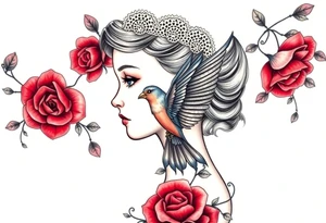 Vintage dollies, red roses, lace, red bird, vintage, wrap around, no women tattoo idea