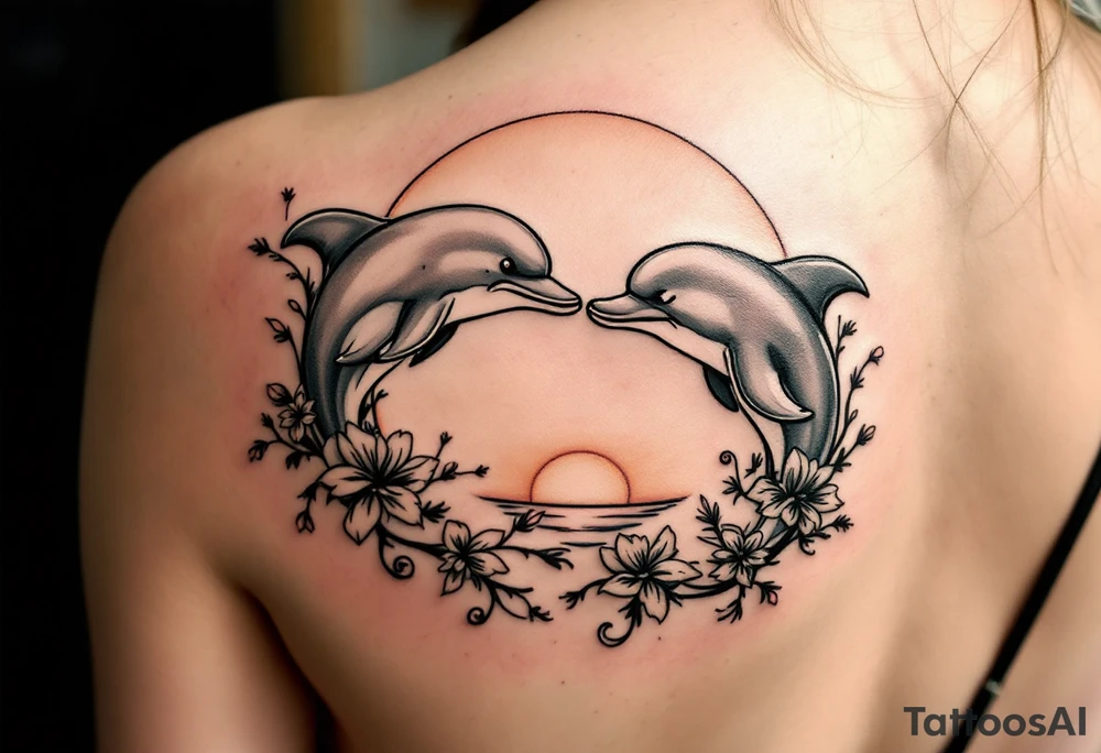 Two really ugly dolphins kissing in sunset tattoo idea