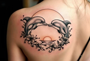 Two really ugly dolphins kissing in sunset tattoo idea