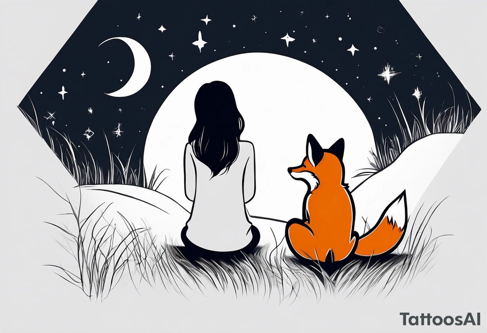 sitting from behind looking at the stars, a little girl and a fox sitting in the grass tattoo idea