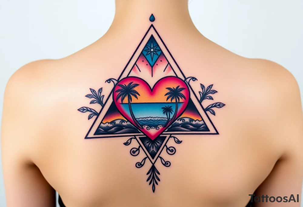 A triangle with a big heart in the center with an ocean theme and palm trees tattoo idea