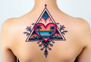 A triangle with a big heart in the center with an ocean theme and palm trees tattoo idea