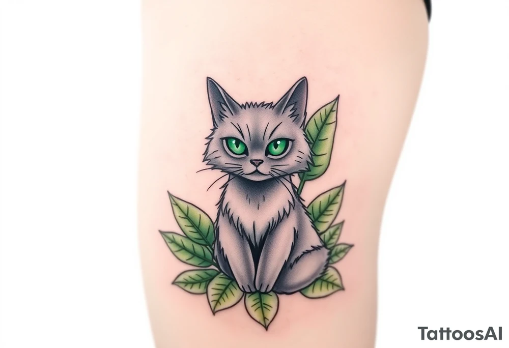 6x6 Minimalist cartoon style tattoo for back of thigh of along haired grey cat with green eyes surrounded buy house plants with huge green leaves tattoo idea