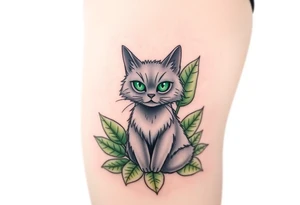 6x6 Minimalist cartoon style tattoo for back of thigh of along haired grey cat with green eyes surrounded buy house plants with huge green leaves tattoo idea