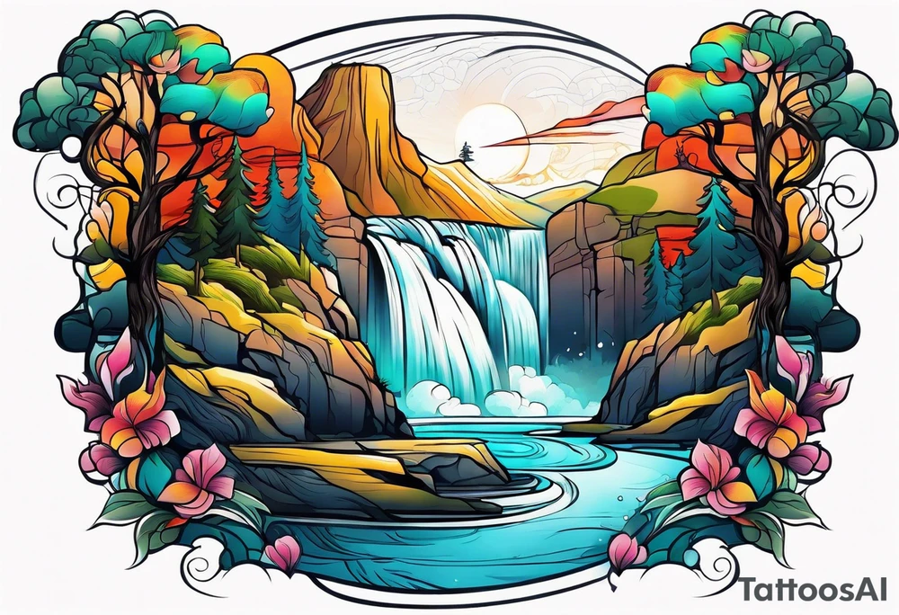Couple in front of waterfall tattoo idea