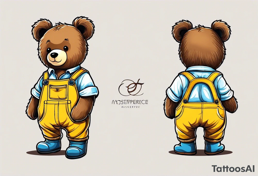 the back of a standing, skinny, brown ,
teddy bear in long, yellow overalls tattoo idea