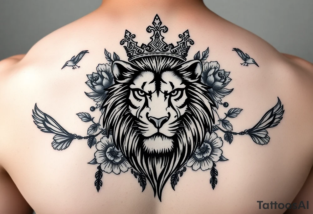 powerful majestic lion with a crown, surrounded by floral ornaments and birds tattoo idea