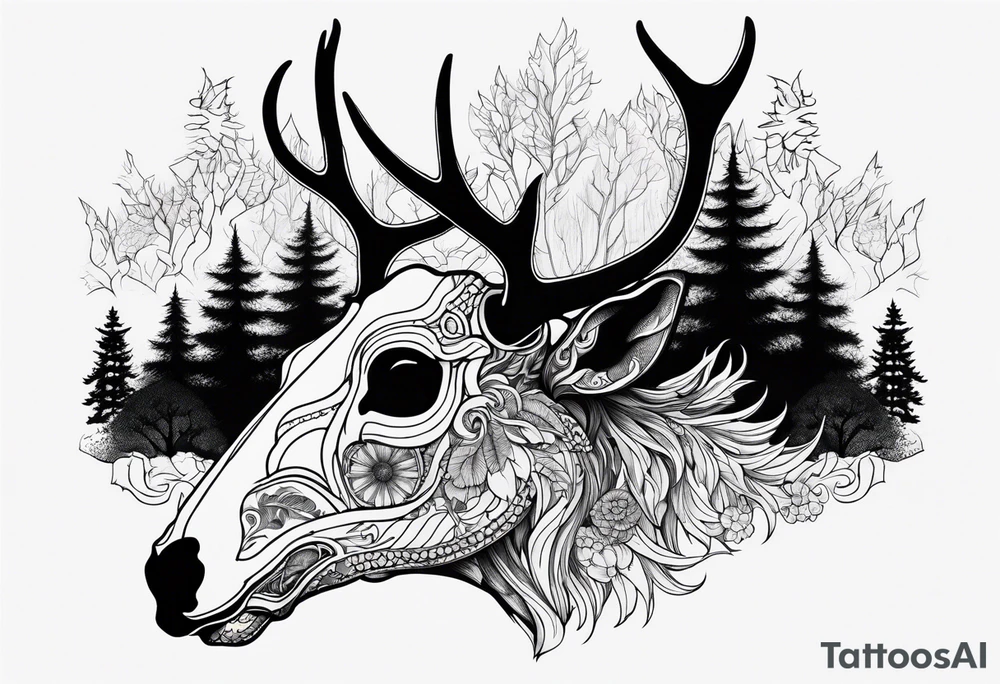 A side view of a dead deer skull surrounded by trees and fire tattoo idea