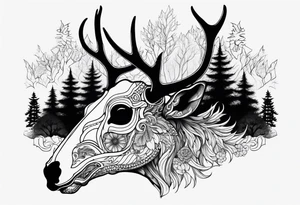 A side view of a dead deer skull surrounded by trees and fire tattoo idea