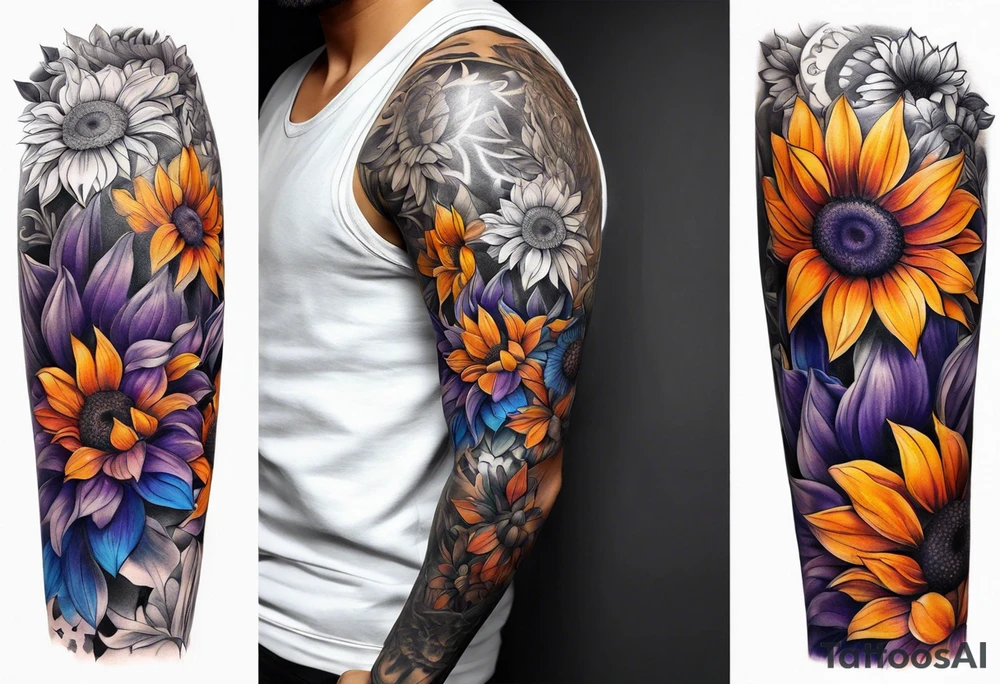 Full arm sleeve with purple, orange and blue sunflowers tattoo idea