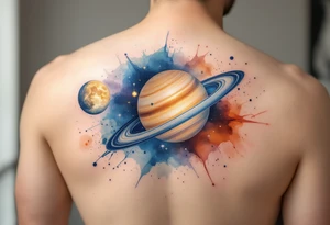 A soft watercolor galaxy with three celestial bodies (sun in gold, moon in silver, and a planet Saturn in deep blue) orbiting around each other. tattoo idea