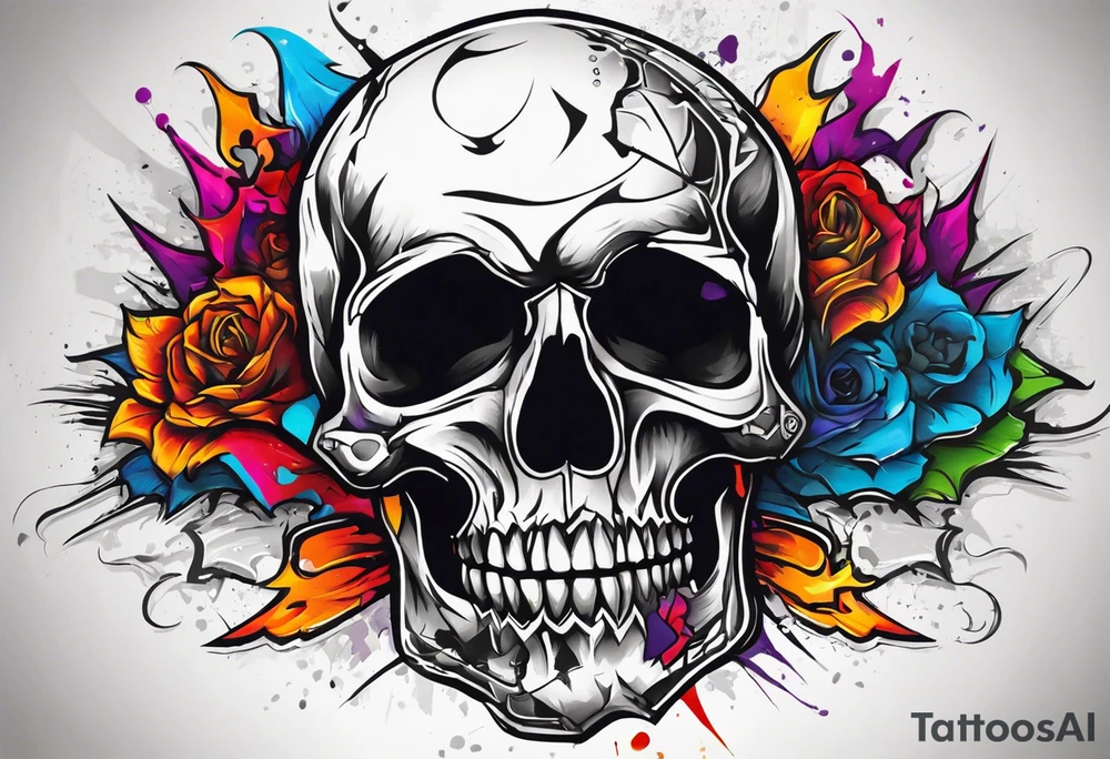 Design a tattoo concept that features a skull breaking free from censorship, symbolizing the fight for freedom of expression. The skull should be positioned on the neck, with bold lines and vibrant colors to represent the struggle against oppression. tattoo idea