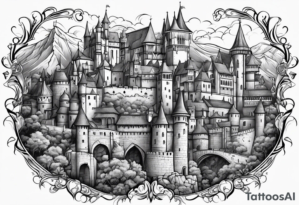 medieval tribal city vignette tattoo idea