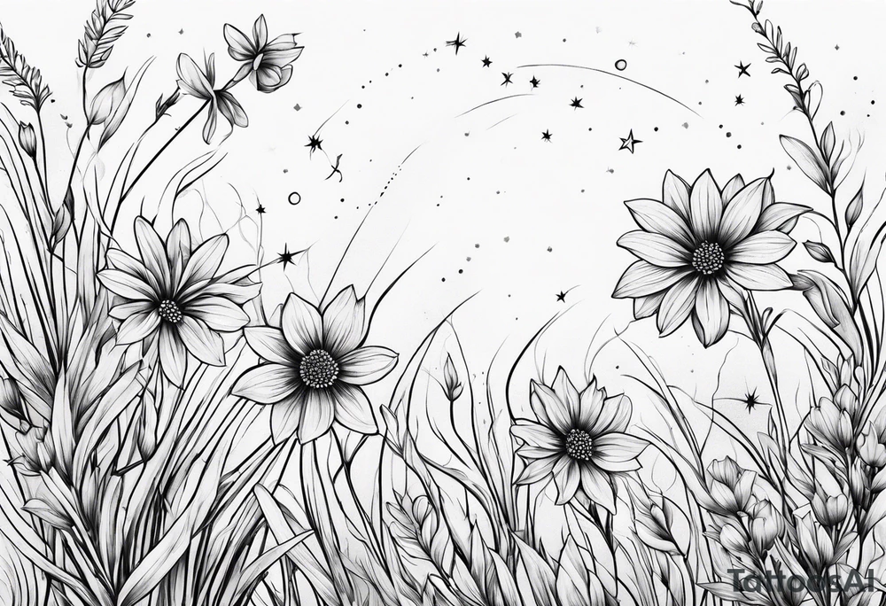 Stars dust flowers grass tattoo idea