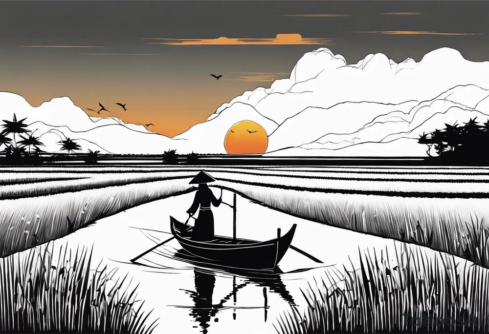 vietnamese lady on boat rice fields water sunset home tattoo idea