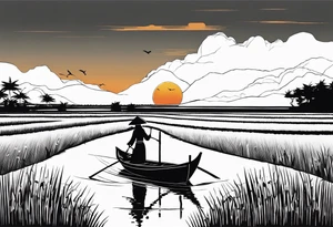 vietnamese lady on boat rice fields water sunset home tattoo idea