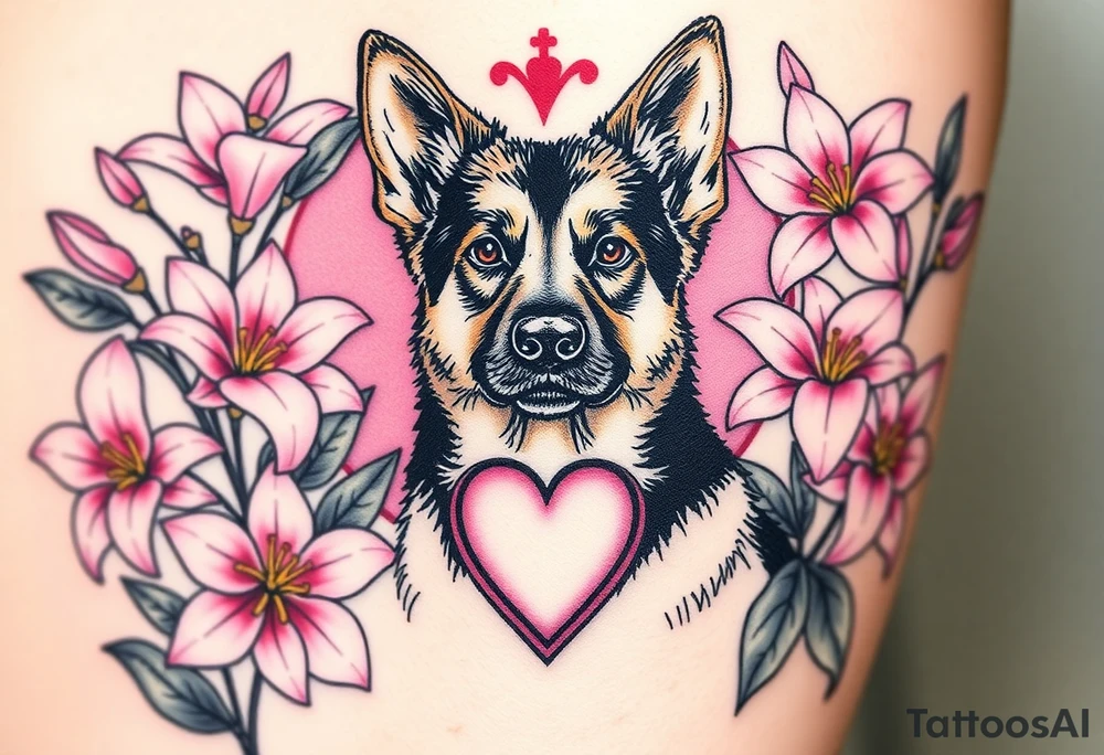 short haired german shepherd with alert ears surrounded by pink lilies with large leaves in front of a sacred heart tattoo idea