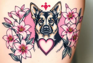 short haired german shepherd with alert ears surrounded by pink lilies with large leaves in front of a sacred heart tattoo idea