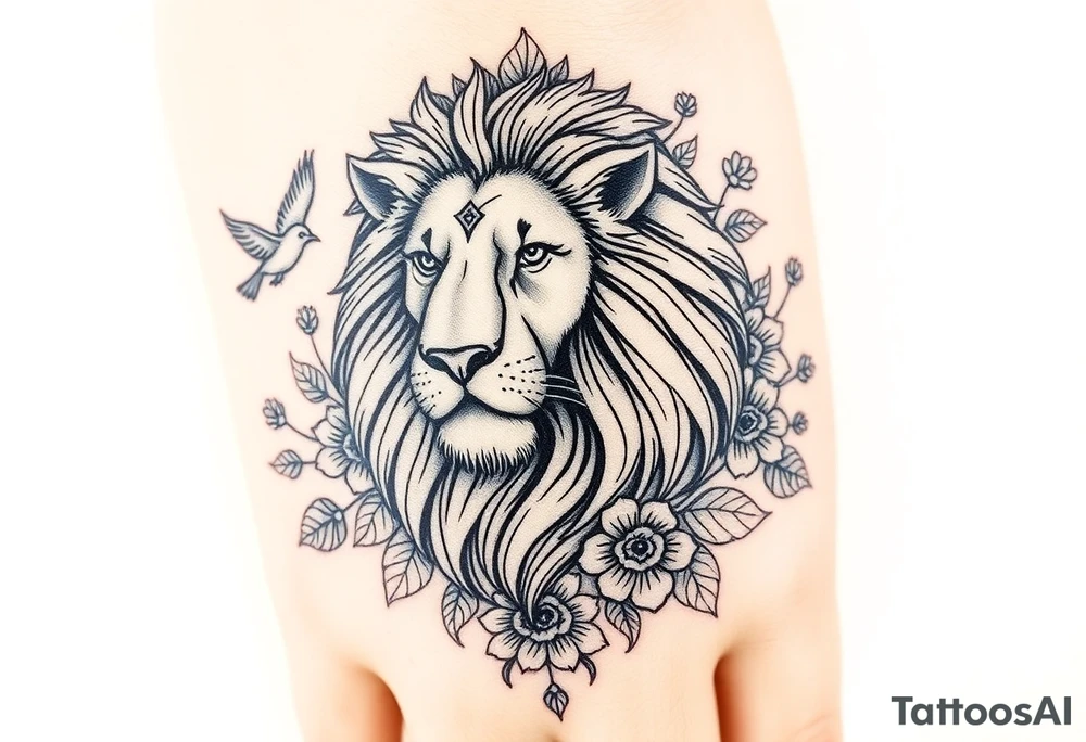 powerful majestic lion with a crown, surrounded by floral ornaments and birds tattoo idea