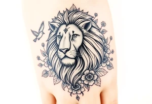 powerful majestic lion with a crown, surrounded by floral ornaments and birds tattoo idea