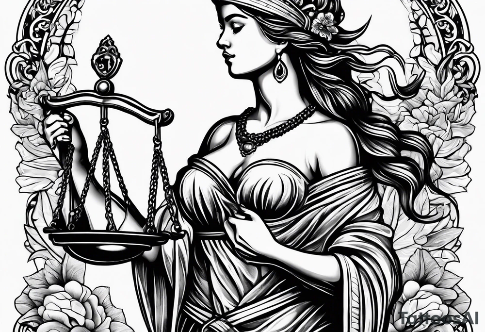 A blindfolded woman holding scales, themed around justice and equality. tattoo idea