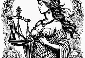 A blindfolded woman holding scales, themed around justice and equality. tattoo idea