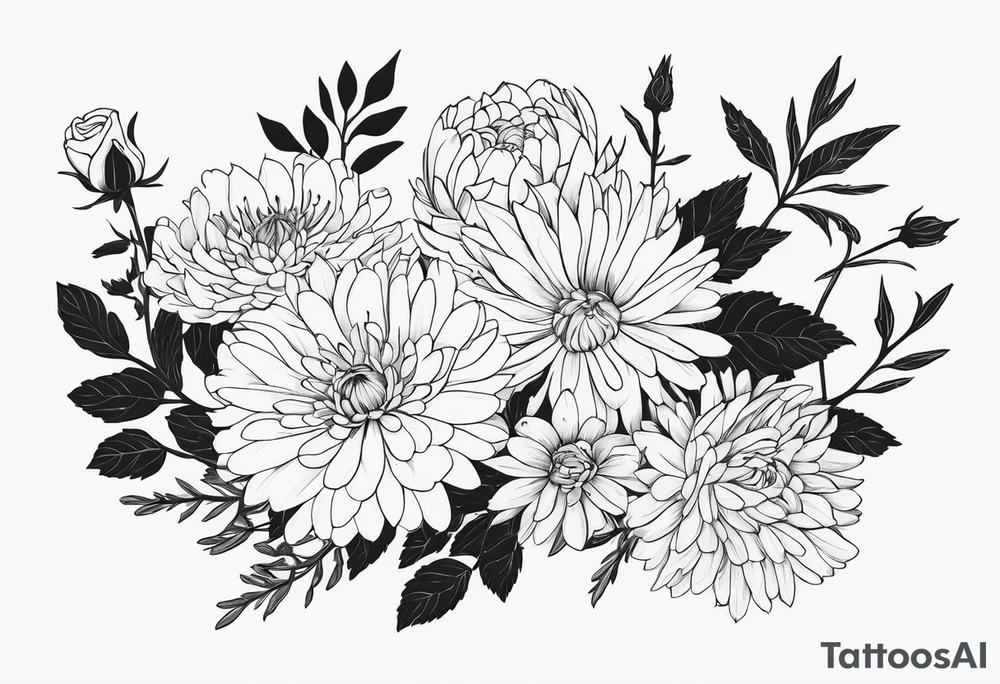 Asters, roses, hawthorns, and chrysanthemums in a long line tattoo idea