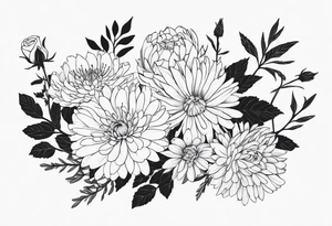 Asters, roses, hawthorns, and chrysanthemums in a long line tattoo idea