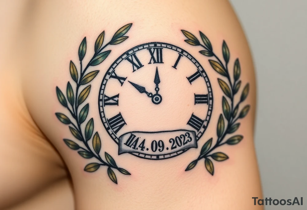 A Roman numeral clock surrounded by olive branches, included baby´s name "Boris" and birth date "24. 09. 2023 in muted green and gold tattoo idea