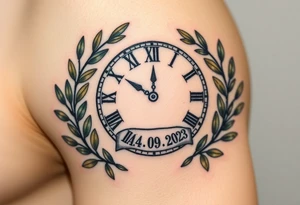 A Roman numeral clock surrounded by olive branches, included baby´s name "Boris" and birth date "24. 09. 2023 in muted green and gold tattoo idea