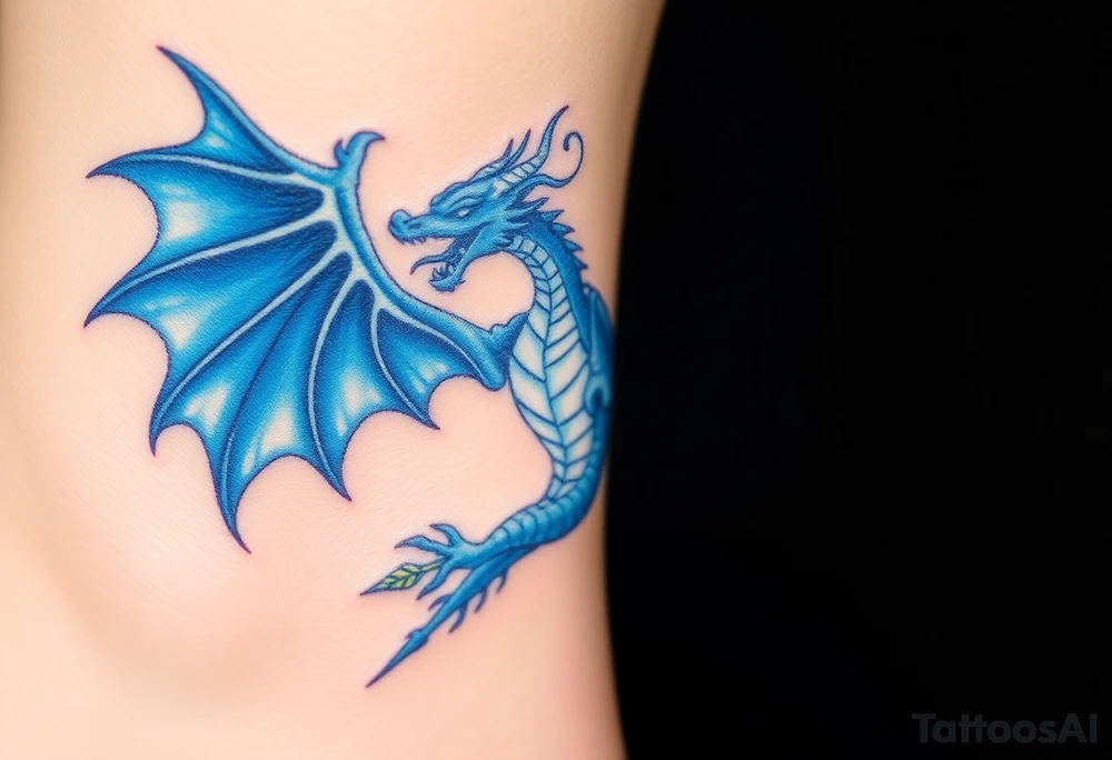 Blue fire breathing dragon with wings spread and an arrow through its chest tattoo idea