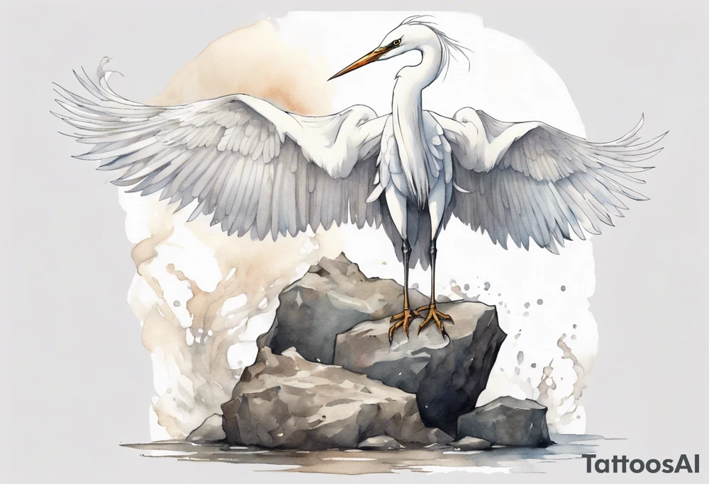 a white egret wearing a plain iron diadem, standing on a stone throne tattoo idea