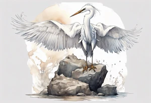 a white egret wearing a plain iron diadem, standing on a stone throne tattoo idea