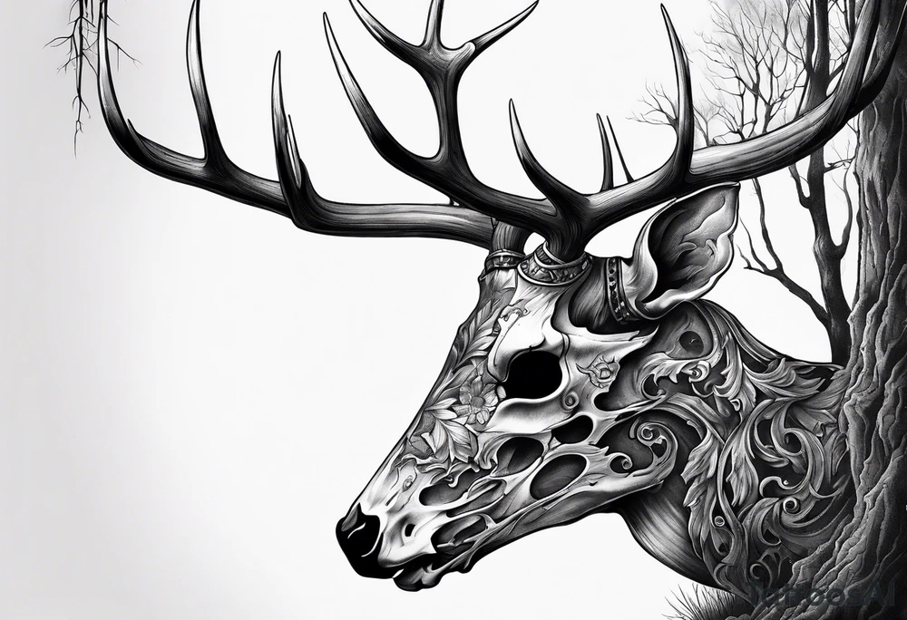 A side profile of decayed deer skull in a forest fire tattoo idea