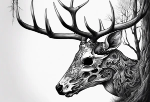 A side profile of decayed deer skull in a forest fire tattoo idea