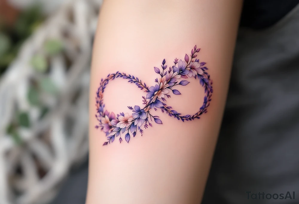 Floral infinity sign incorporating "Sofie – 8.6.2021 v 11:20" in lavender and soft beige. tattoo idea