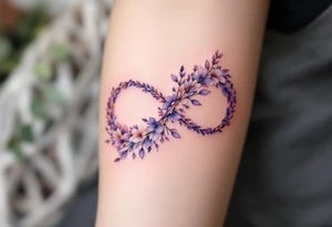 Floral infinity sign incorporating "Sofie – 8.6.2021 v 11:20" in lavender and soft beige. tattoo idea