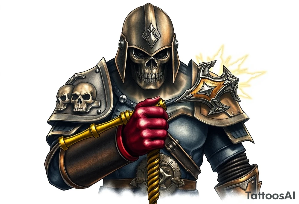 Warhammer, the Old World. A warrior priest of Sigmar holding The Warhammer of Sigmar. The Warhammer of Sigmar is radiating thunderous energy. The Warhammer is held by the warrior priest with both hands at the shaft with a firm grip, upon his chest level. The Warrior priest is wearing dark alloyed heavy armour (reference armor from warhammer vermintide 2 Victor Saltzpyres, the warrior priest of Sigmar class) with skull sigils on his shoulder pads. The warrior priest is wearing a helmet, while the helmets front visor has an humanoid metal face covering. The helmet and armour are gladened with hints of gold and crimson red. The Warhammer is silverish and golden with a long shaft with twisted carvings. tattoo idea