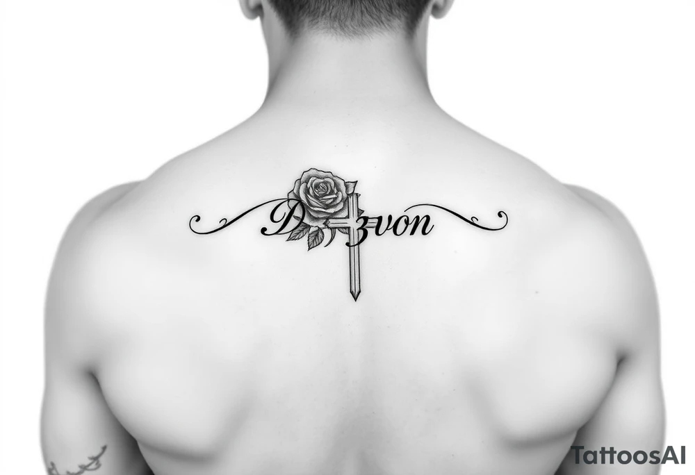 Name D3von with a rose and cross in the middle on a arm tattoo idea